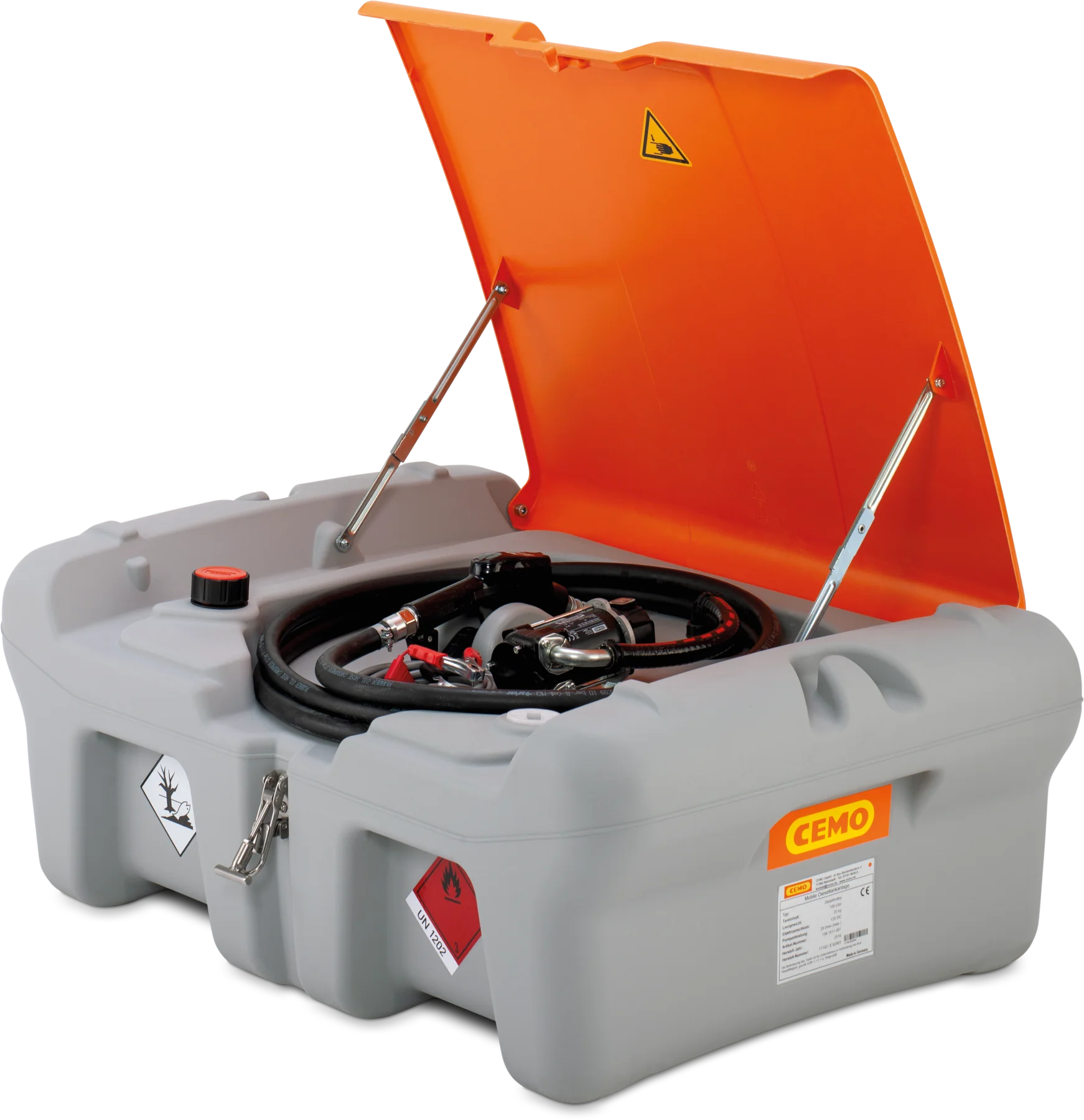 CEMO DT Mobil Easy for pick-ups in accordance with ADR 1.1.3.1(c), wit, 210 L, Automatic dispensing nozzle diesel, 12 V DC, 40 L/min (max.), grey, with lid, orange